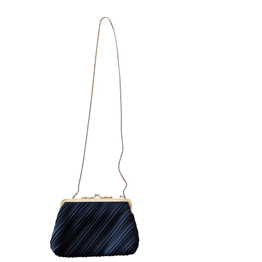 Vintage 50s Du-Val Black Satin Pleated Evening Clutch Bag Gold Frame Hong Kong - Picture 2 of 11